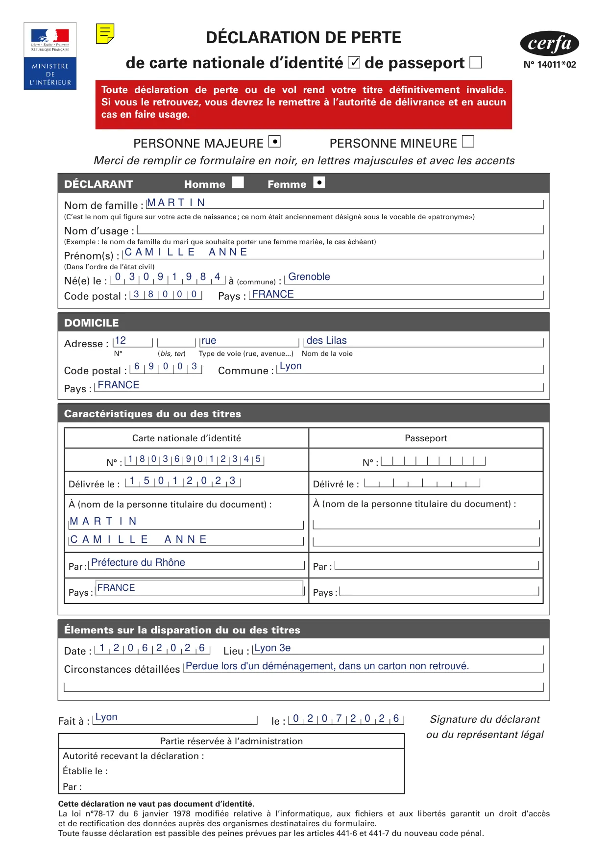 Déclaration de perte de carte d'identité remplie par Plume, avec des données fictives