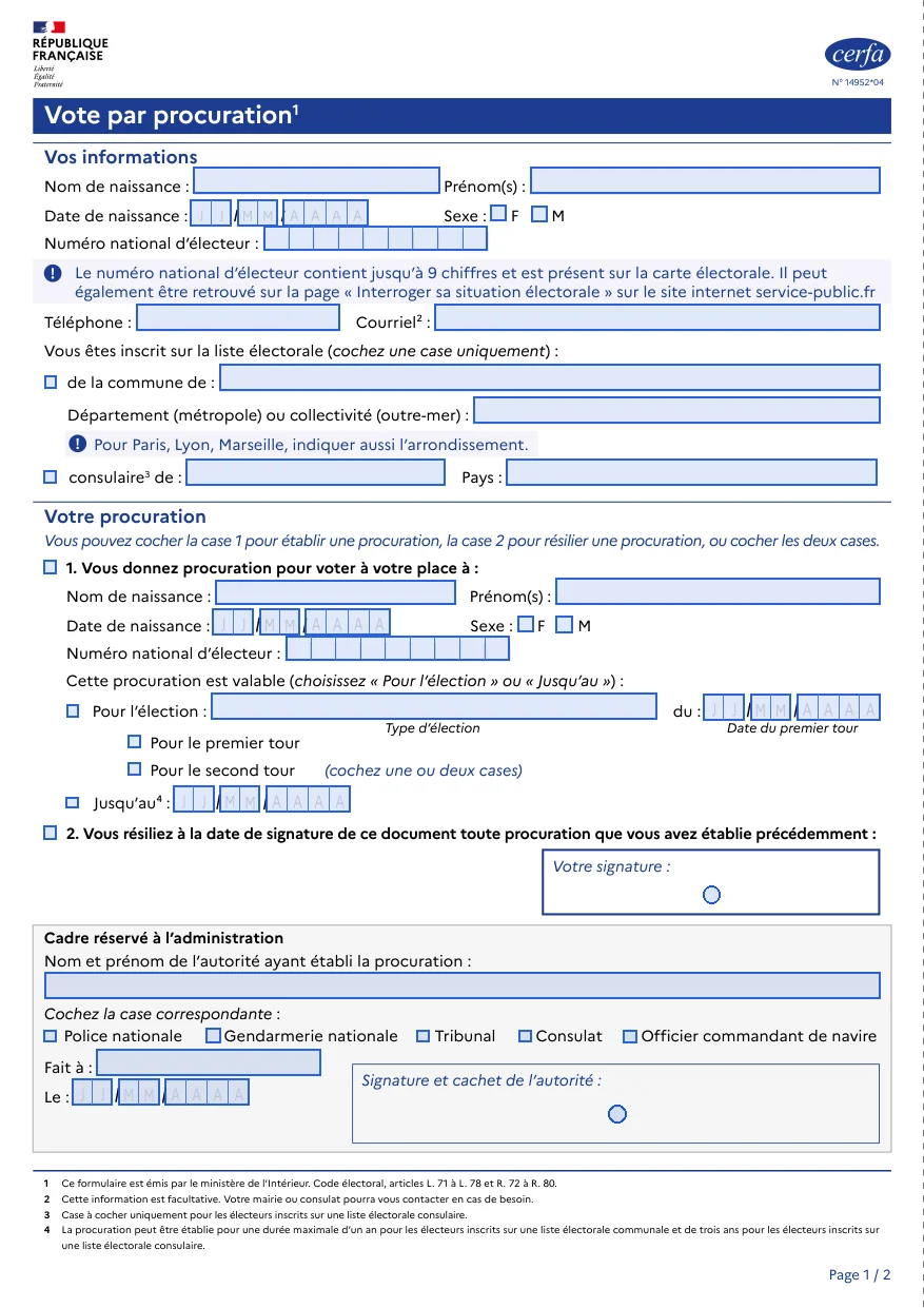 Le cerfa 14952 (vote par procuration) tel que Plume le détecte : chaque champ encadré en bleu