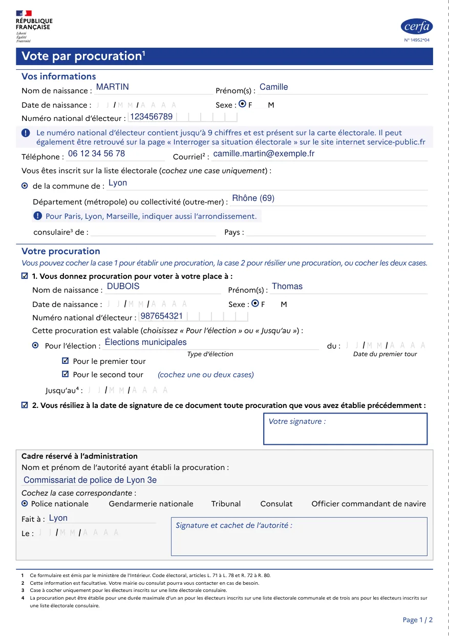 Procuration de vote remplie par Plume, avec des données fictives